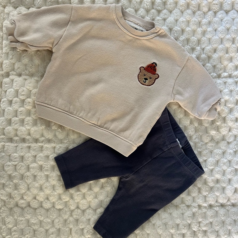 Zara Beige Bear Sweatshirt and Black Leggings